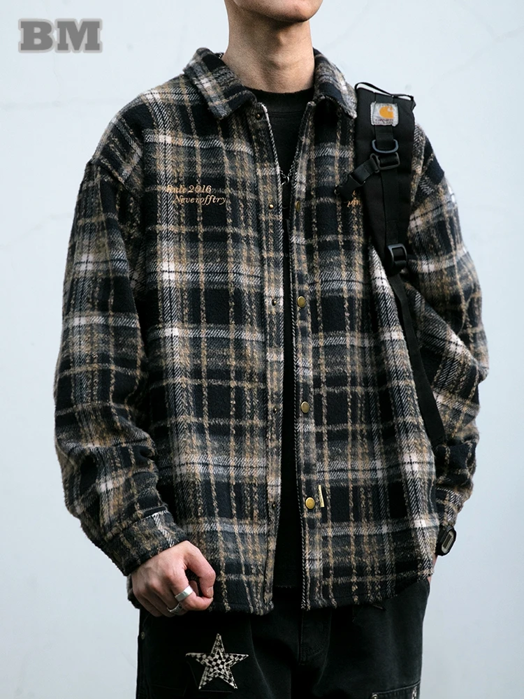 Japanese Vintage Embroidery Woolen Plaid Shirts For Men Streetwear Thick Cargo Shirt Harajuku Fashion Casual Lapel Coat Male