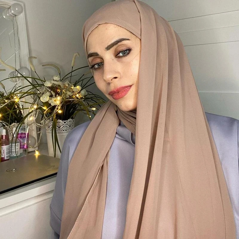 Hijab Instantané en Mousseline de Soie avec Bonnet artificiel astique pour Femme, Long Châle, Hijab NikMusulman, Écharpe en Mousseline de Soie à Bulles, Écharpe Solide pour Document Round Sauna