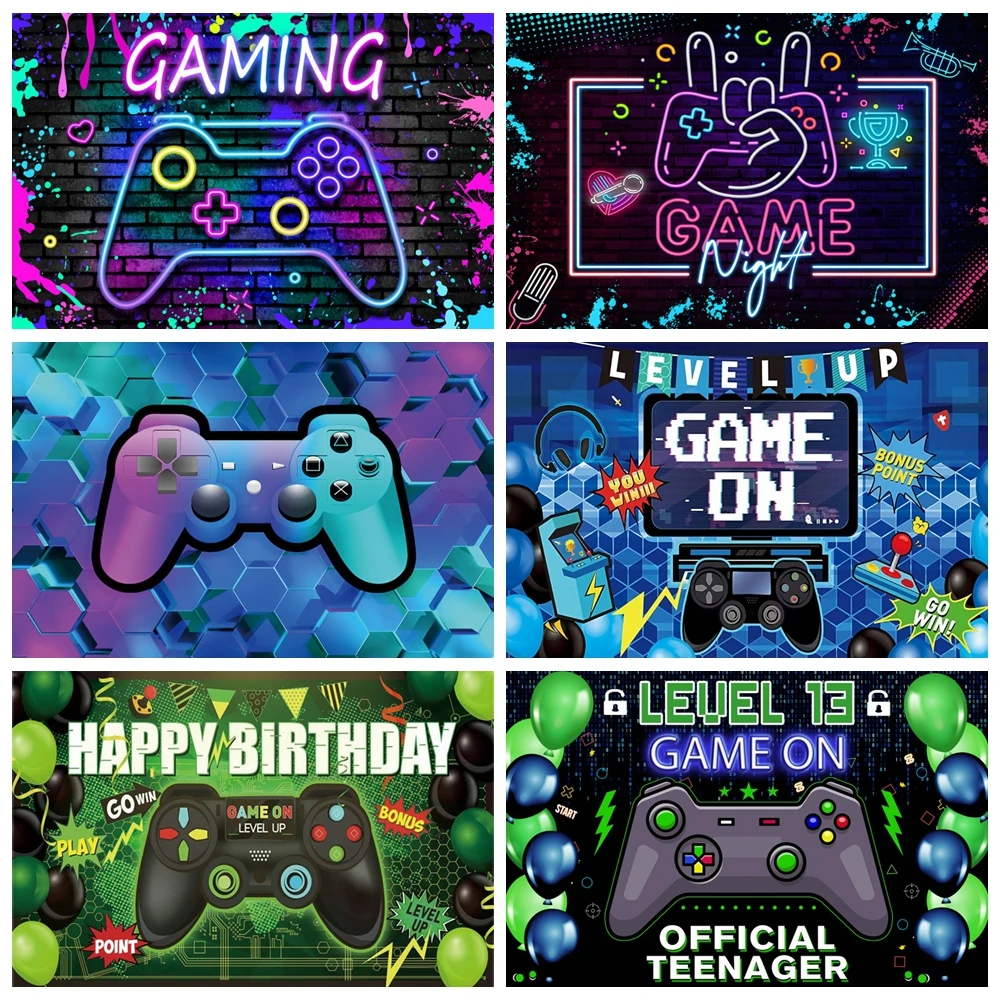 

Game On Happy Birthday Backdrop Video Gamer Neon Gaming Theme Level Up Child Birthday Party Photography Background Photo Studio