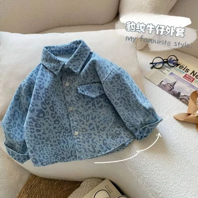 스팟 남아 셔츠, 상의, 재킷, 2025 신제품, 블루 레오파드 프린트 야외 아동 선물 의류, 2-7T 의류