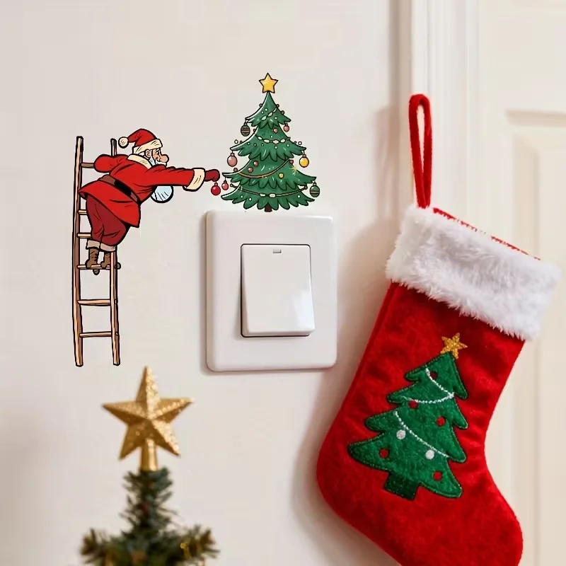Santa Claus climbing ladder decoration Christmas tree switch stickers, self-adhesive PVC bedroom and bathroom wall stickers