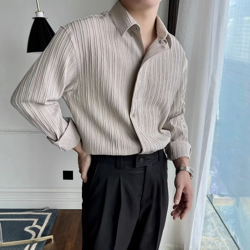 Autumn Korean Pleated Designer Long Sleeve Shirt Men's British Casual Top