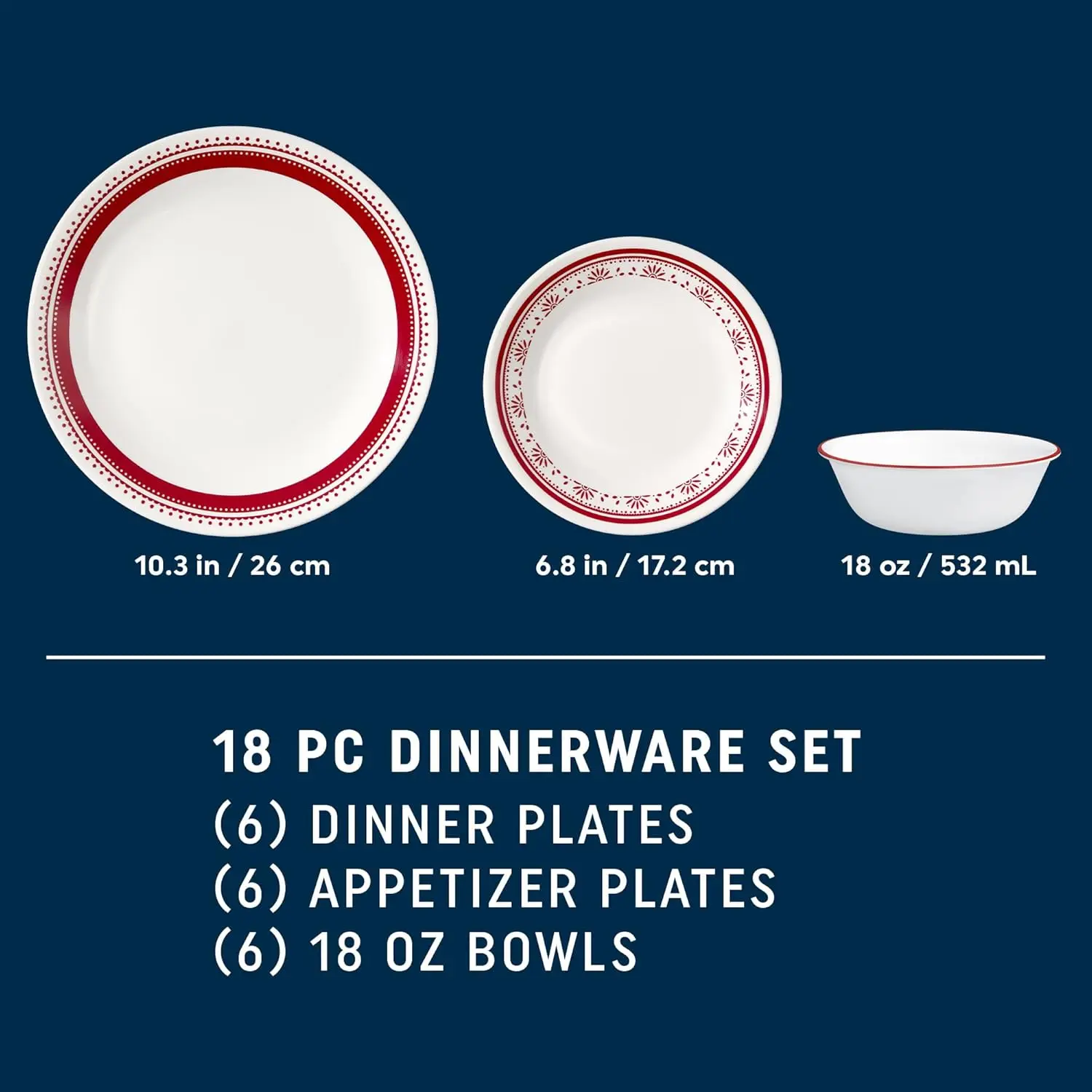 18-PC Dinnerware Set, Service for 6, Durable and Eco-Friendly, Higher Rim Glass Plate & Bowl Set, Microwave and Dishwasher Safe