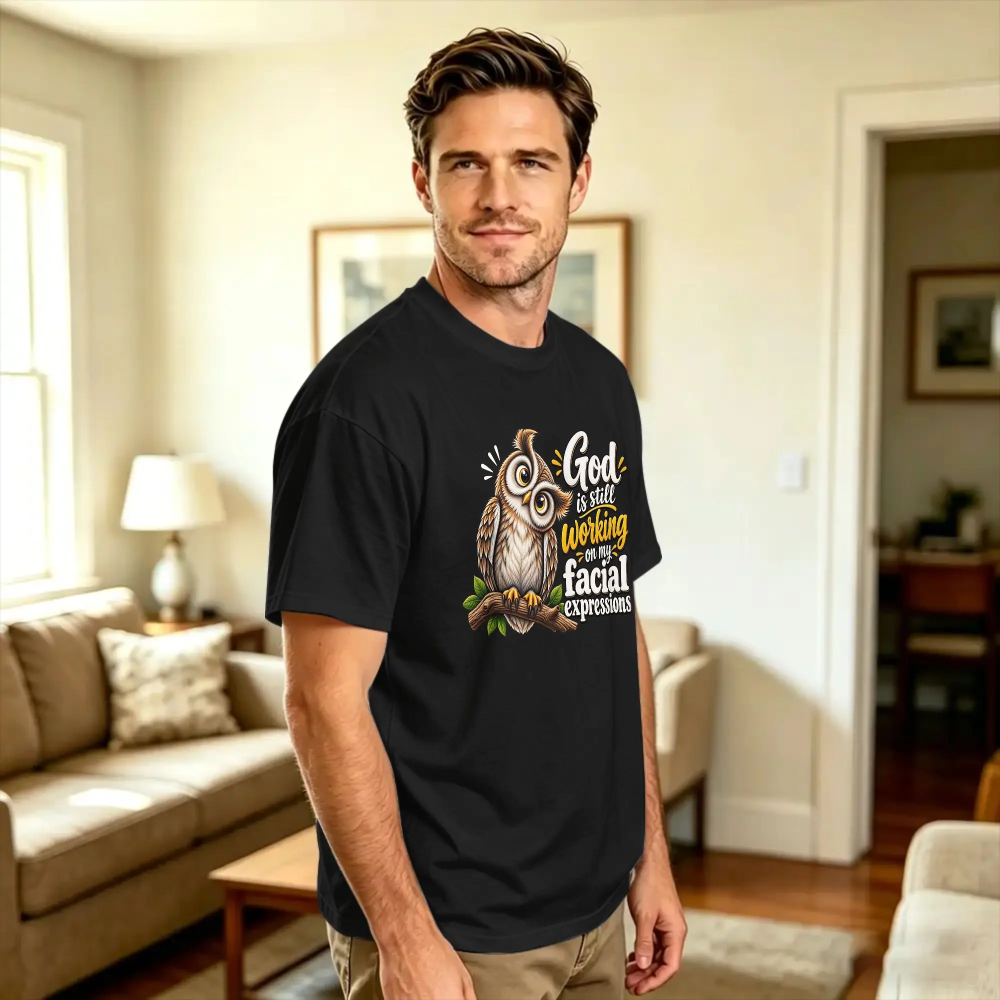 God Is Still Working On My Facial Expressions Funny Owl Cotton T-Shirt For Mens Summer  Streetwear T Shirts Harajuku Tees