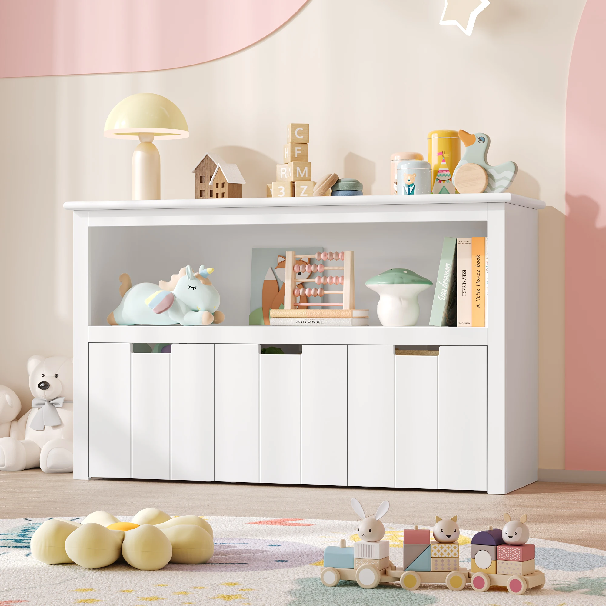 Getone Unidade de armazenamento de brinquedos com rodas rolantes Armário com 3 gavetas Armazenamento de brinquedos infantis Unidade de armazenamento de estante infantil para sala de estar 102x33x62cm