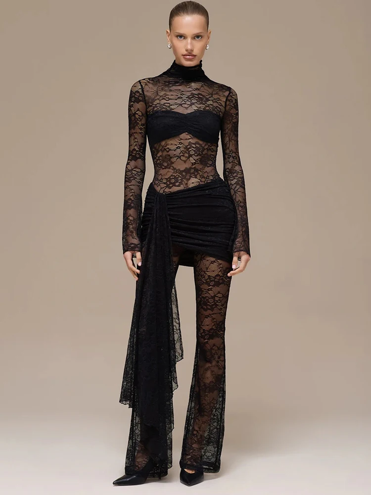 

Sibybo Sheer Lace Patchwork Sexy Jumpsuits Women Autumn Round Neck Long Sleeve Ruched Flared Jumpsuit Elegant Partywear Rompers