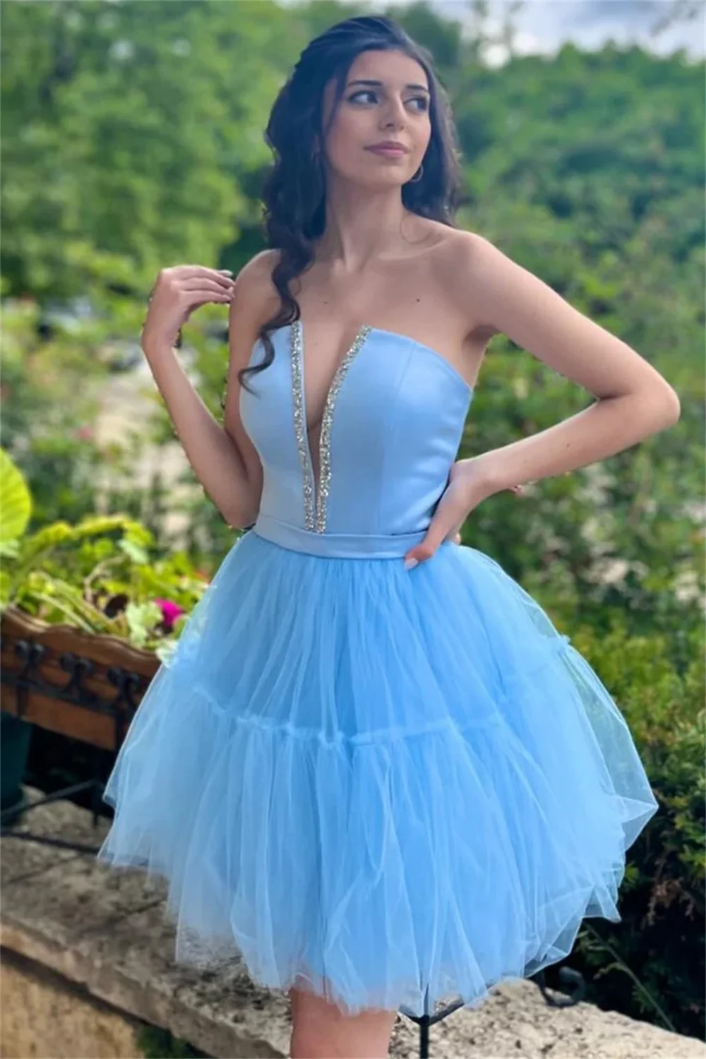 Jessica Azure Prom Dresses Satin Glitter Beading Princess Evening Dresses Mini Cropped Tulle Rite Of Passage Party Dress