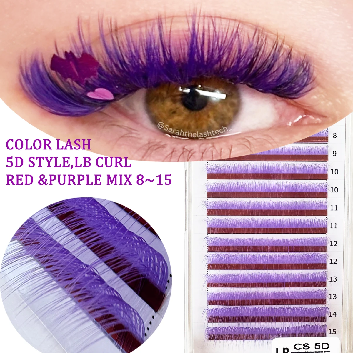 Domi 5D-Stil, farbige Wimpernverlängerung, einfache Fächerwimpern, Rot, Lila, Make-up, falsche Wimpern, gemischt, 8–15 mm, flauschige russische Volumenfächer