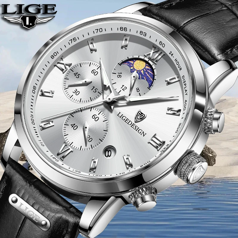 LIGE Luxury Sports Watch For Men Waterproof Luminous Date Chronograph Man Wristwatch Leather Quartz Men's Watches Male Reloj
