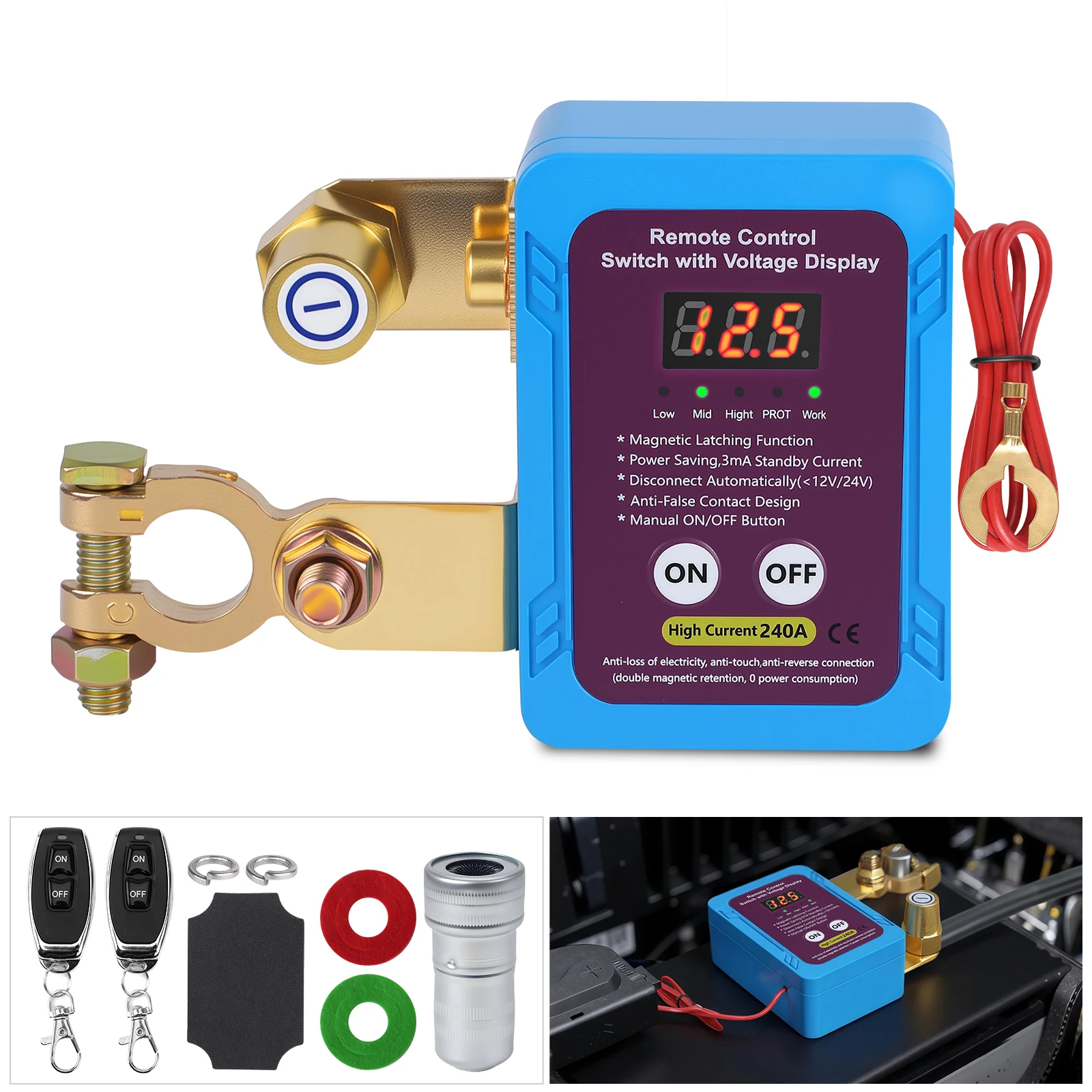 

Kill Switch 12V 240A Remote Battery Disconnect Smart Voltage Kill Switch Anti Theft Prevent Battery Drain For Car Truck RV 1 Set