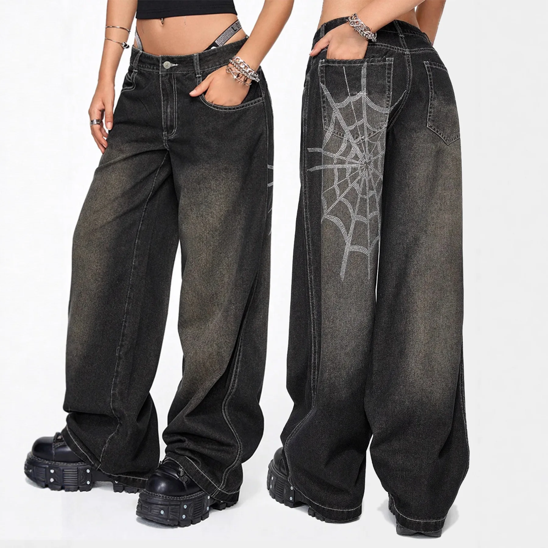 

Denim Jeans Women Solid Jean Hot Fix Rhinestones Button Pocket Zipper Fly Empire Waist Wide Leg Pants Streetwear 2025 Autumn