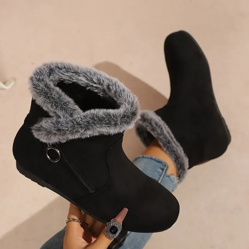 Damen-Winterstiefeletten aus Kunstwildleder mit Fleecefutter, seitlichem Reißverschluss und Pelzbesatz, warme flache Schneestiefel.