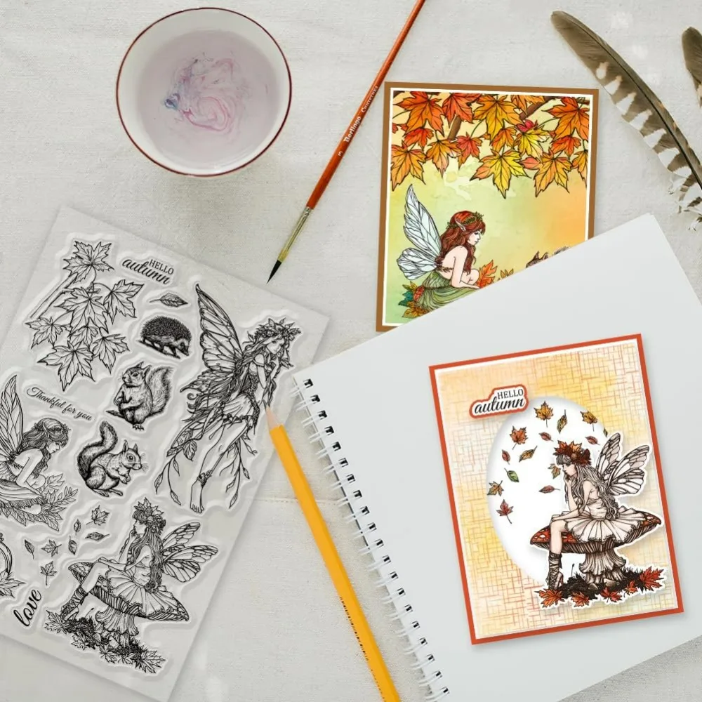 Autumn Fairy Clear Stamps Autumn Maple Squirrel Pumpkin Clear Stamps Butterfly Fairy Silicone Stamps for DIY Scrapbooking