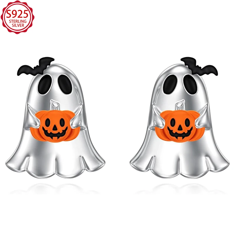 

S925 Sterling Silver Cute Ghost Pumpkin Stud Earrings, Halloween Party Jewelry Orange Enamel Birthday Gift for Women