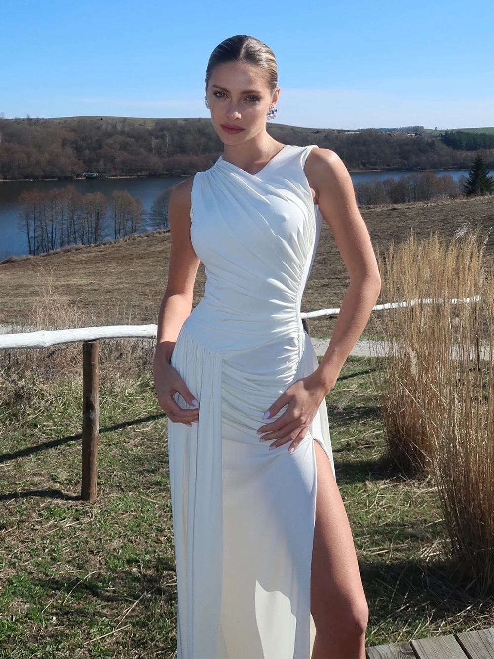 2025 صيف جديد بلون موضة رقبة مستديرة بدون أكمام سبليت مثير غير منتظم فستان طويل مأدبة #3