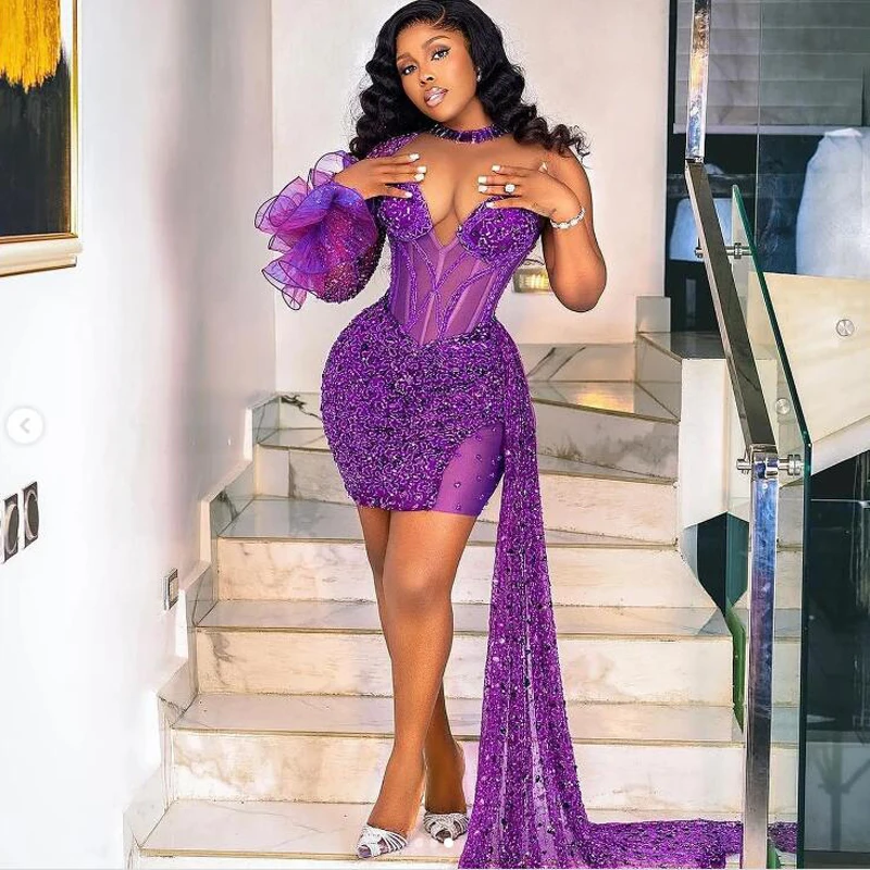 Fashion Purple Sequins Beaded Short Prom Dresses with Side Train Black Girls Formal Occasion Dress Sheer Neck Aso Ebi Party Gown