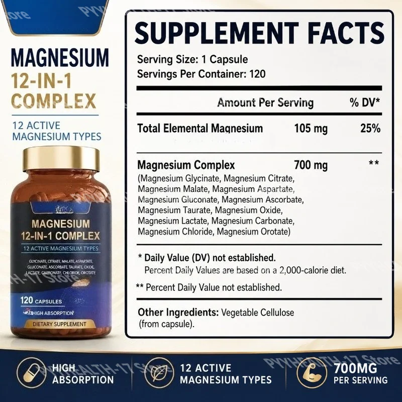 Magnesium 12-In-1 Complex Capsules 12 Active Magnesium Types High Absorption Glycinate Citrate Forms 120 Capsules