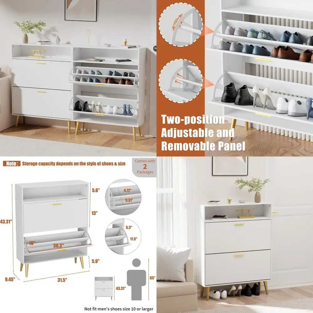 Narrow White Shoe Storage Cabinet with 2 Flip Drawers for Entryway, Freestanding Hidden Shoe Rack Storage Solution