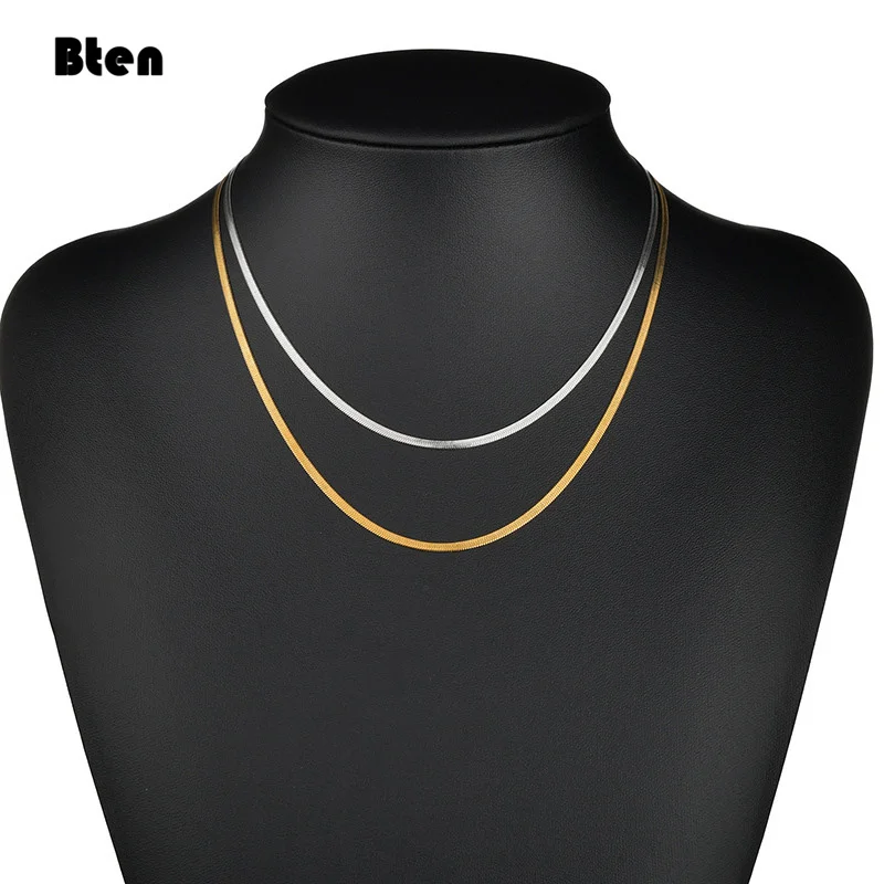 BTEN Charm kobiety łańcuszek węża Choker naszyjnik ze stali nierdzewnej złoty kolor srebrny płaskie Chokers w jodełkę Link dla dziewczynek 4mm — zdjęcie 4