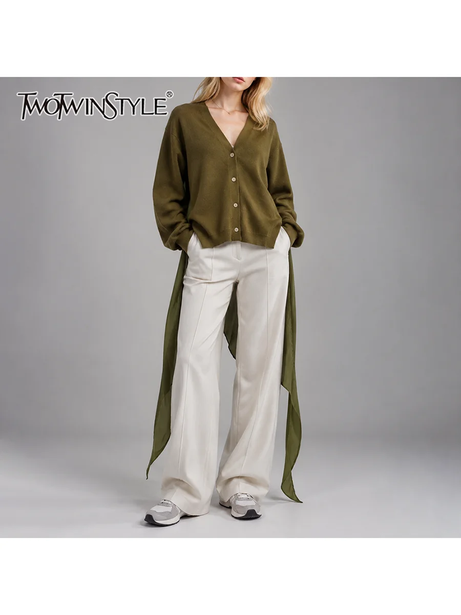 TWOTWINSTYLE Solid Spliced Knitted Slimming Sweater for Women V Collar Long Sleeve Patchwork Button Asymmetrical Sweaters Female