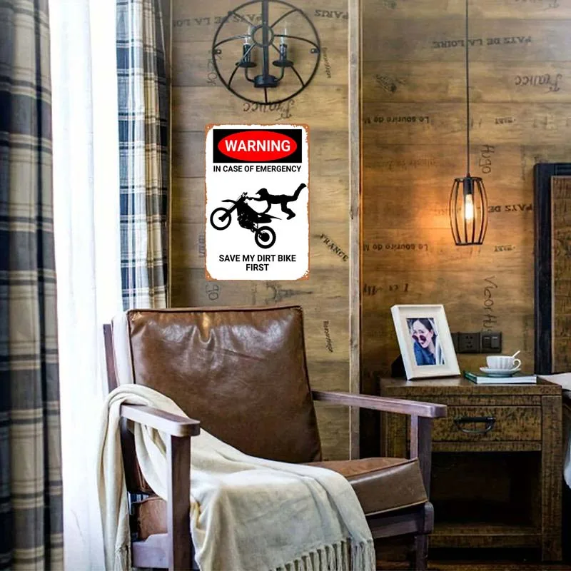 WARNING EMERGENCY DIRTBIKE Funny Warning Sign Gaming Room Decoration Retro Vintage Metal Tin Signs for Outdoor Wall Decoration