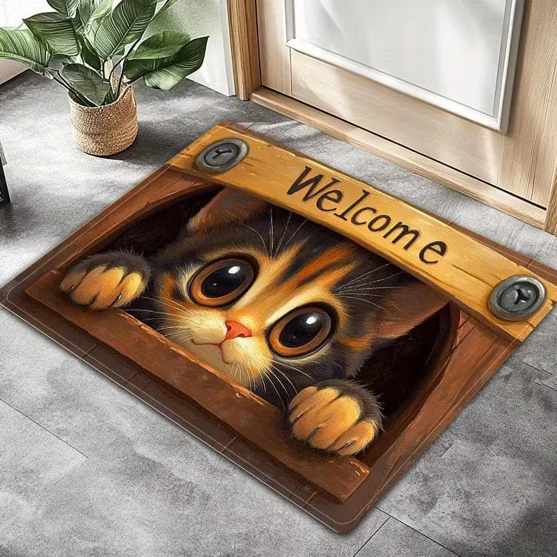 Welcome Doormat for Cat Lovers Orange Cat Welcome Mat with Cute Kitten Graphic Non Slip Floor Mat Gift for Pet Owners