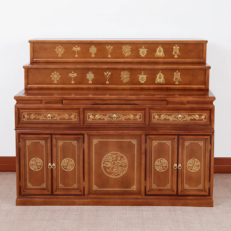 Red cherry wood solid wood Tibetan three-layer Buddhist table for home use Chinese simple shrine incense case middle