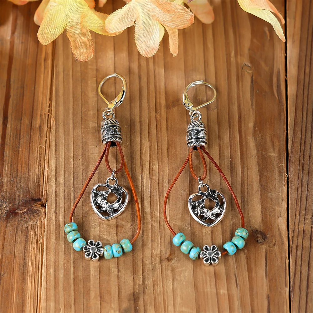 Vintage Love Heart Turquoise Pendant Drop Earrings For Women Antique Silver Color Dangle Bridal Wedding Jewelry Gifts