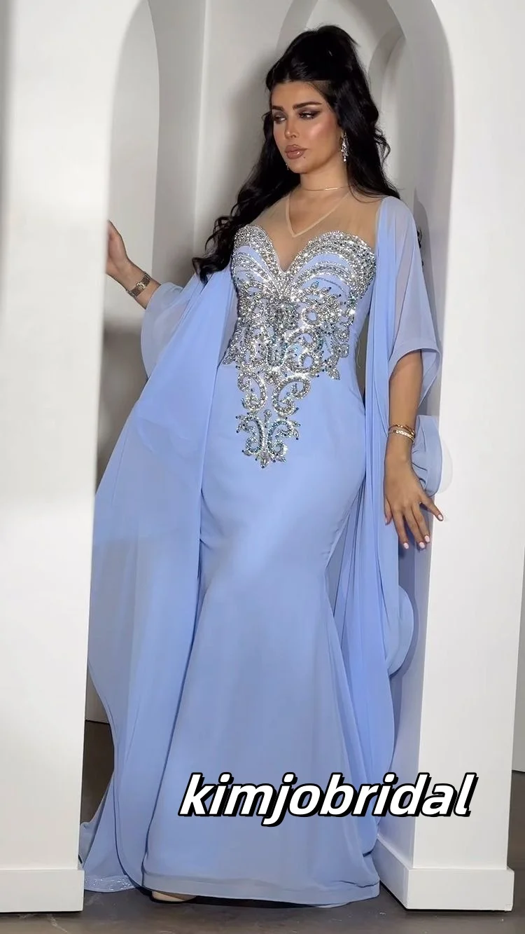 Light Blue Sparkly Crystal Beading Prom Dresses Long for Arabic Women 2025 Long Sleeve Chiffon Beads Formal Evening Gowns