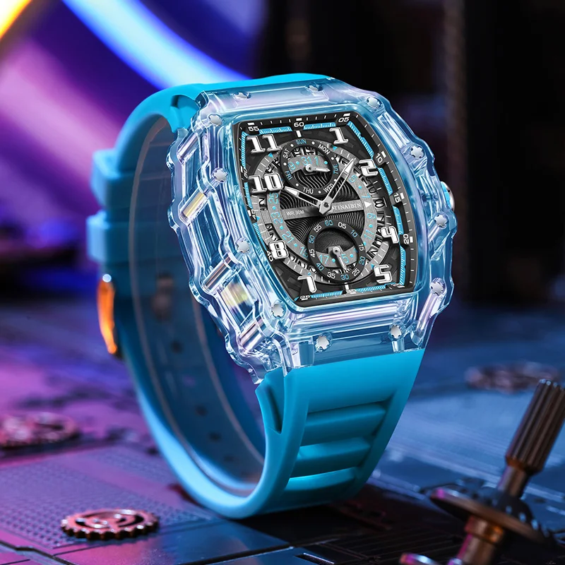 Reloj de pulsera deportivo para hombre, cronógrafo de silicona transparente, color azul, resistente al agua, de lujo, de talla grande, 2024