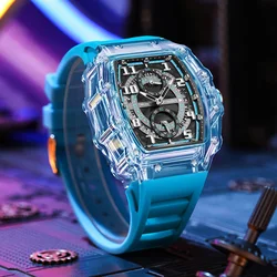 New Design Yellow Transparent Big Size Quartz Watches Men Sport Silicone Number Date Hollow Out  Wrist Male Clock