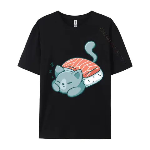 Cat Sleeping Sushi Blanket Cute Kitten Food T-Shirts Printed T Shirt New Design Casual Cotton Men's Tshirts