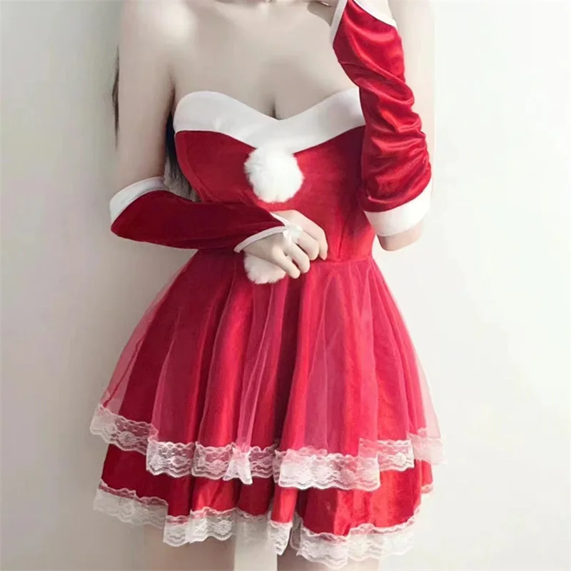 Christmas Cosplay Costume Dresses Women Santa Velvet Bunny Girl Lingerie Christmas Halloween Party Cosplay Dress Fancy Set