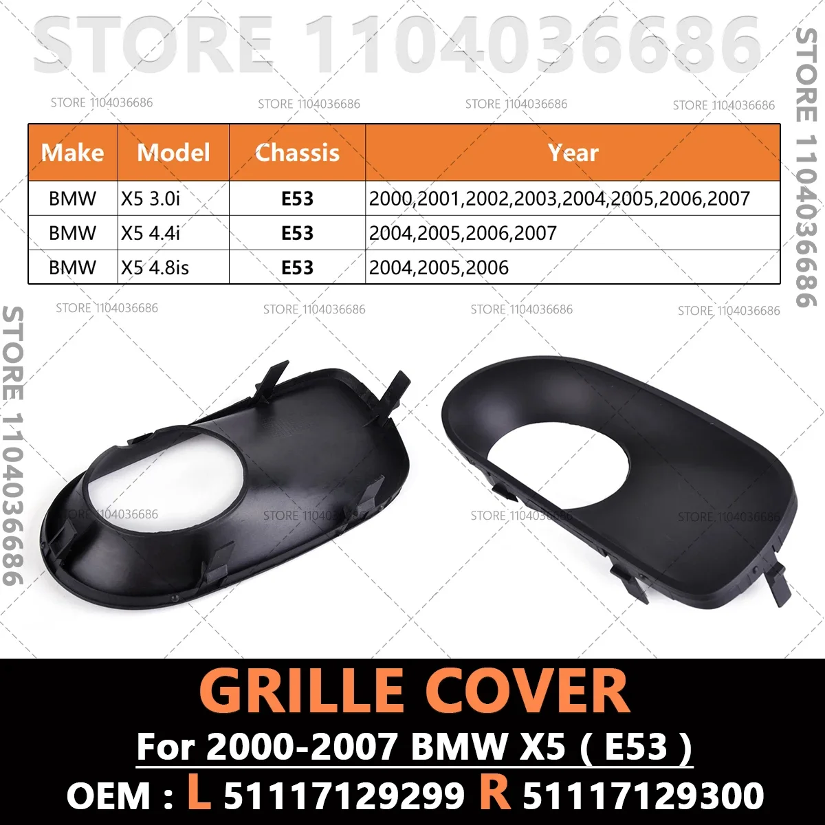 For 2000 2001 2002 2003 2004 2005 2006 2007 BMW X5 (E53) Front Bumper Fog Light Grill Grille Cover 51117129299 51117129300