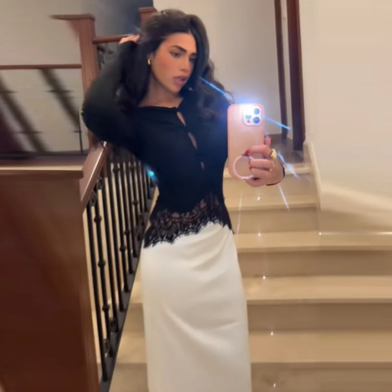 Robe maxi élégante et chic en dentelle et satin, sexy, avec découpe sur le devant, manches longues, amincissante, Vestido 2026, pour soirée, rendez-vous, vêtements pour femmes