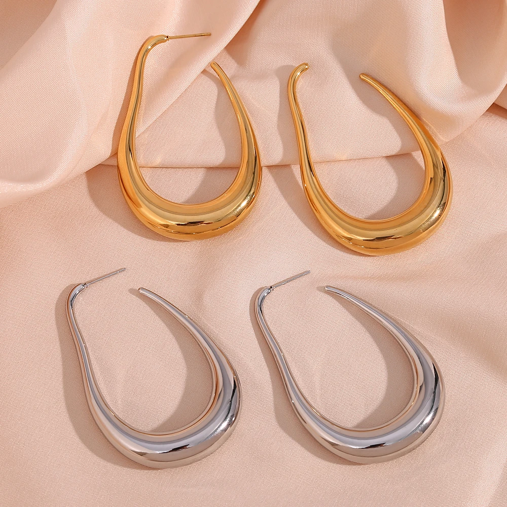 Korean Hollow Hoop Earrings for Women 18K Gold Plated Stainless Steel Exaggerated Pear Shape Hypoallergenic Jewelry Серьги