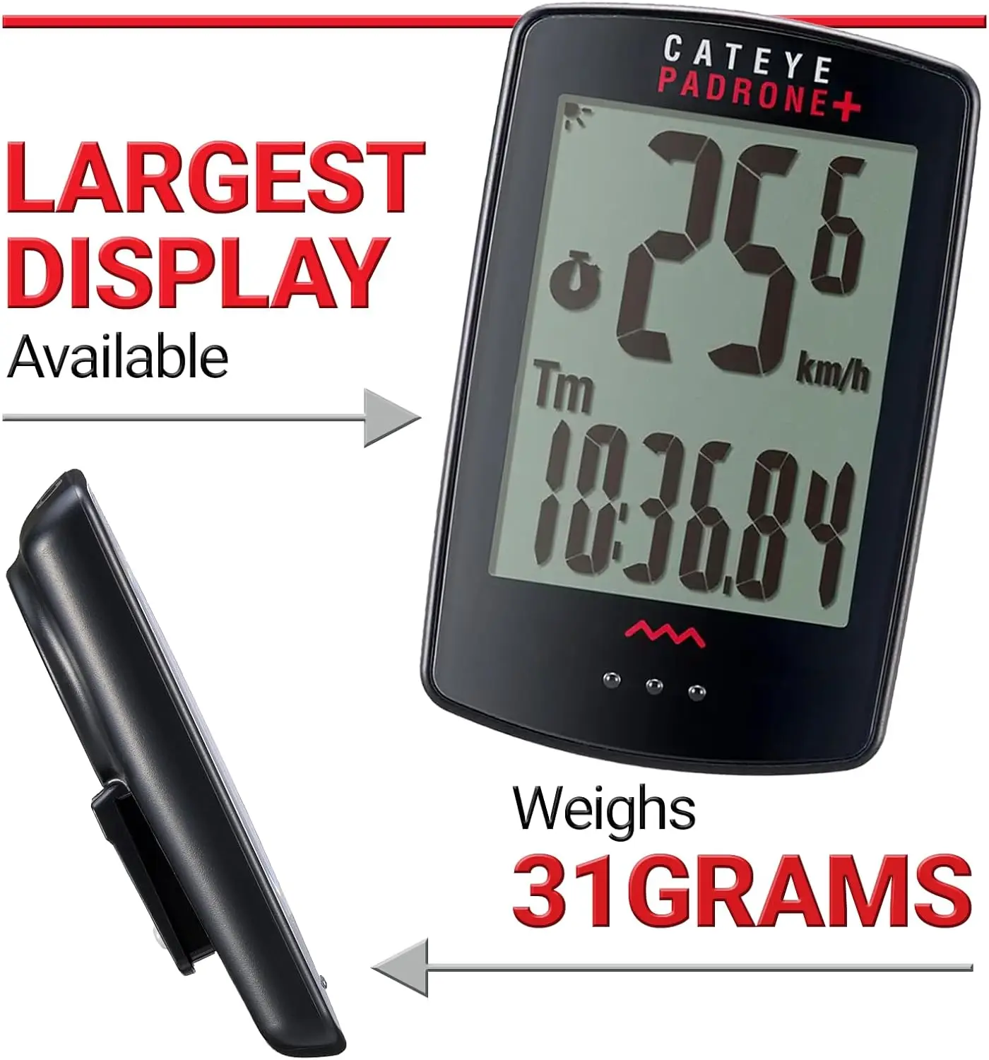 

Padrone Plus Bike Computer – Oversized Display Cyclocomputer, Wireless Speedometer & Odometer, FlexTight™ Mount,