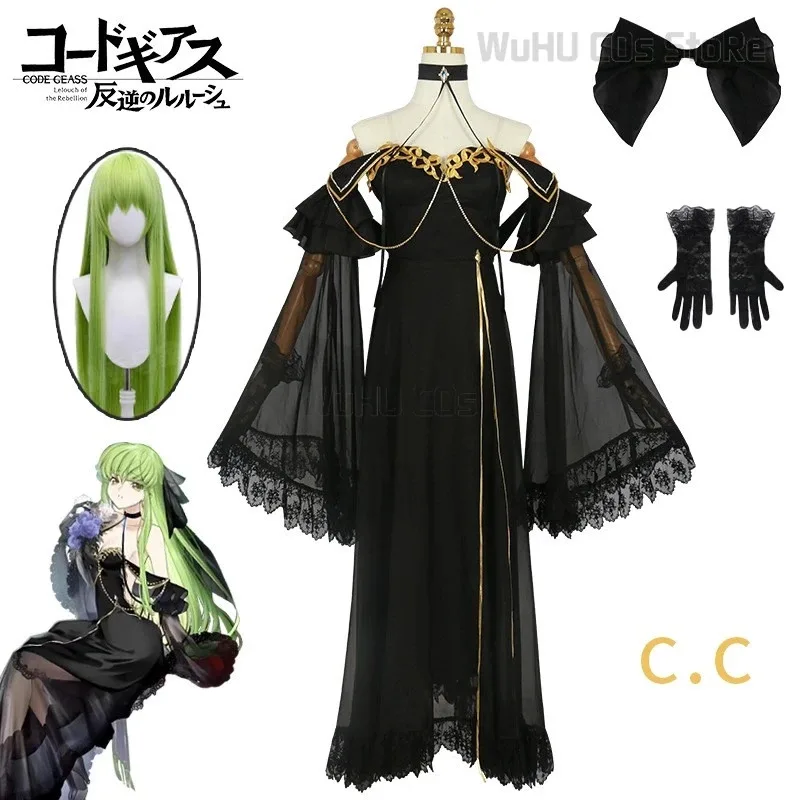 Kostum Cosplay Anime Code Cos Geass CC Gaun Malam Seragam Penyihir Hitam Wanita Halloween Karnaval Setelan Peran Wig;3,k8't,