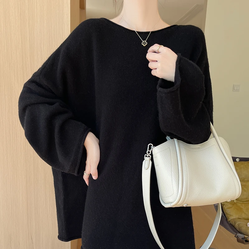 Women\'s pullover autumn/winter 100% wool sweater casual knitted sweater round neck loose Tops Korean version basic long Blouse