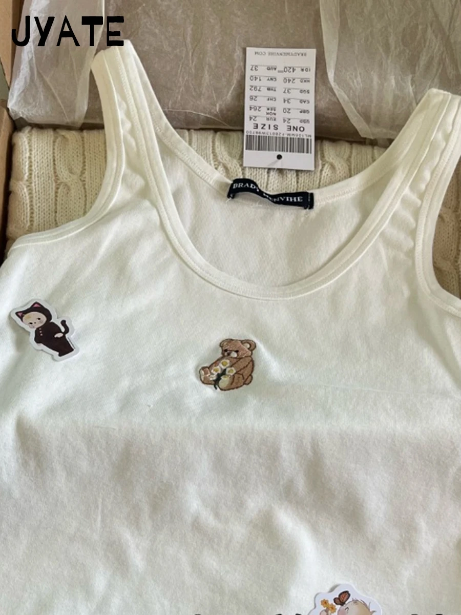 Little Bear Embroidery U-neck Tank Tops Women Summer Cotton Streetwear White Casual Cropped Vest Sweet Cute Vintage Camisole Y2K