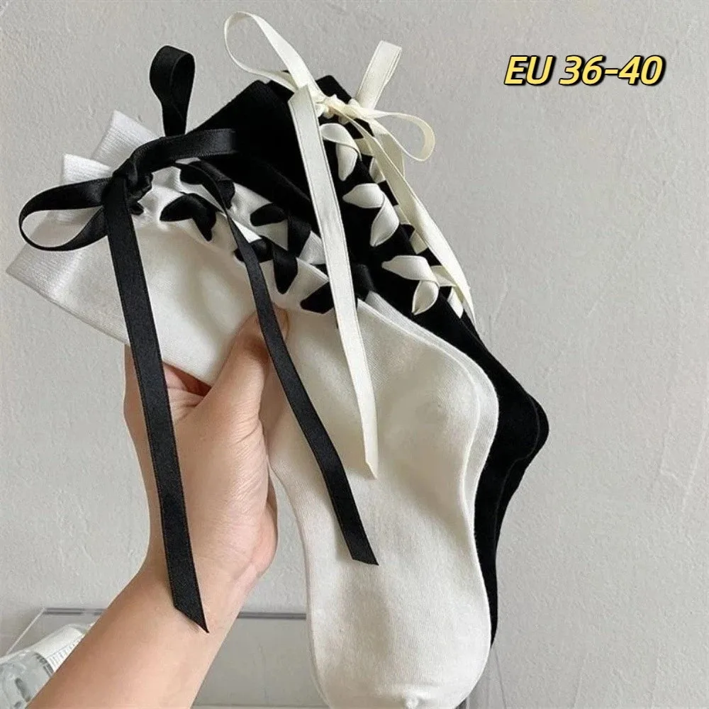 

Cotton Japanese JK Bow Socks Lolita Style Thickened Thermal Floor Socks Black White Comfortable Cute Warm Socks Women