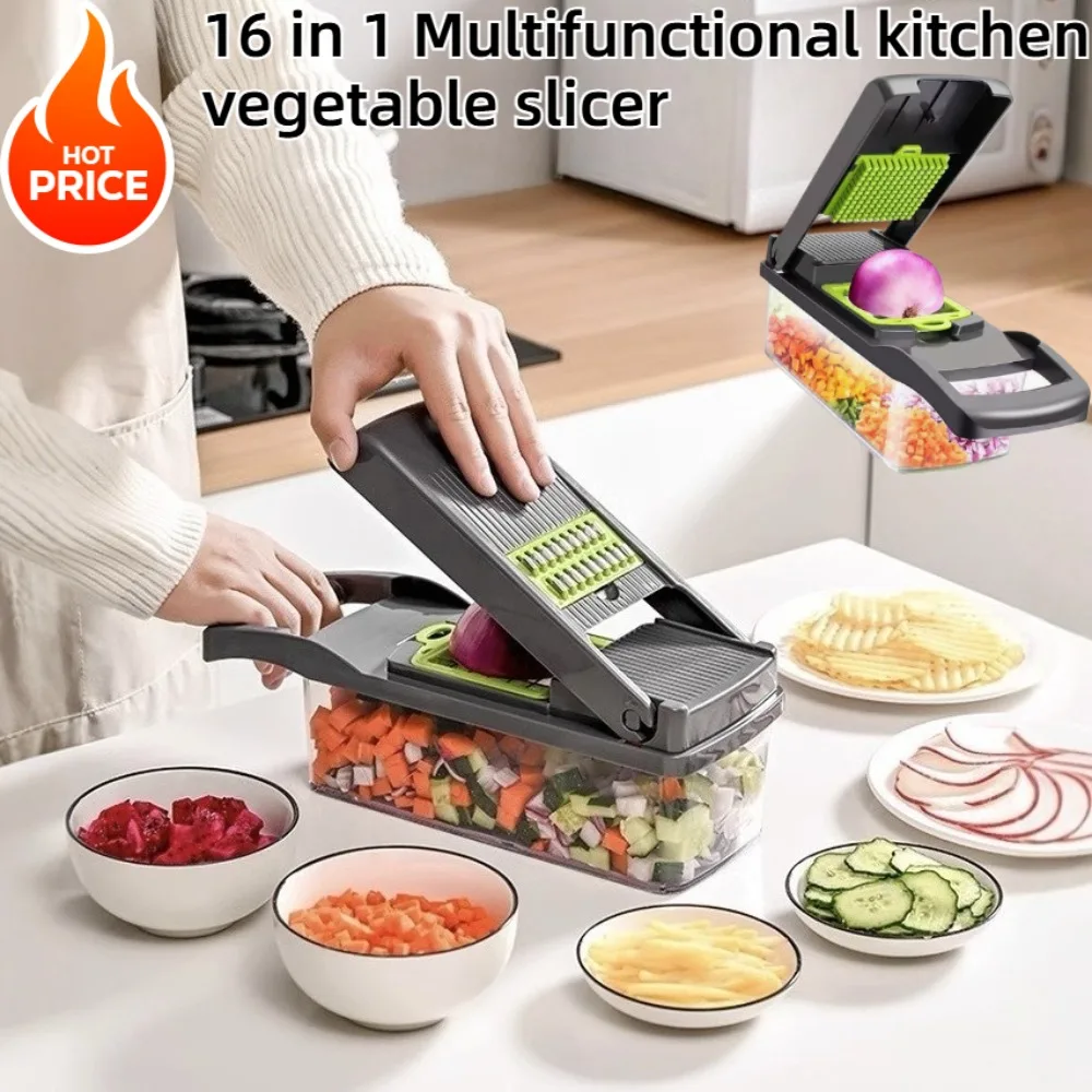 Cortador de Verduras Multifuncional 16 en 1, Rebanador, Picador y Rallador Manual, Herramienta de Cocina con Recipiente y Protector de Seguridad