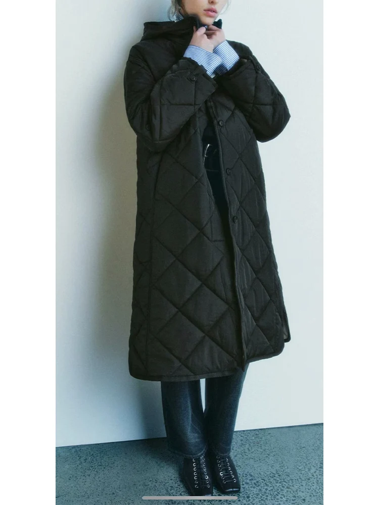 

New European-style women's fashion, versatile and stylish, loose-fitting long cotton coat with single-breasted closure and hood.