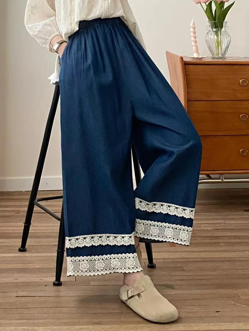Nuovi pantaloni in denim di cotone estivo 2025, patchwork di pizzo elastico in vita da donna, jeans a gamba larga INS per pendolari retrò Mori Girl B56626CC