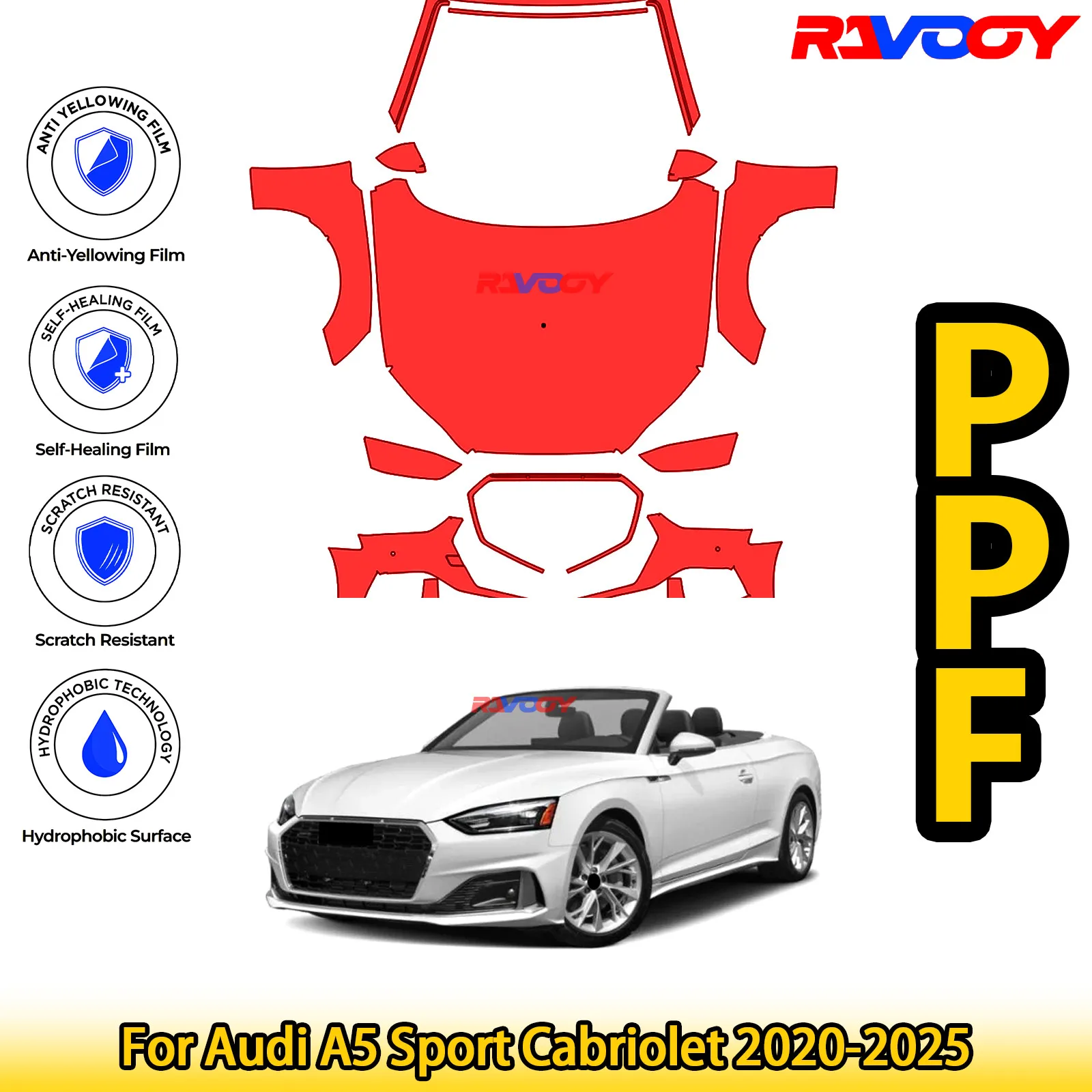 

For Audi A5 Sport Cabriolet 2020-2025 Glossy Matte Black Precut front PPF Kit Paint Protection Film