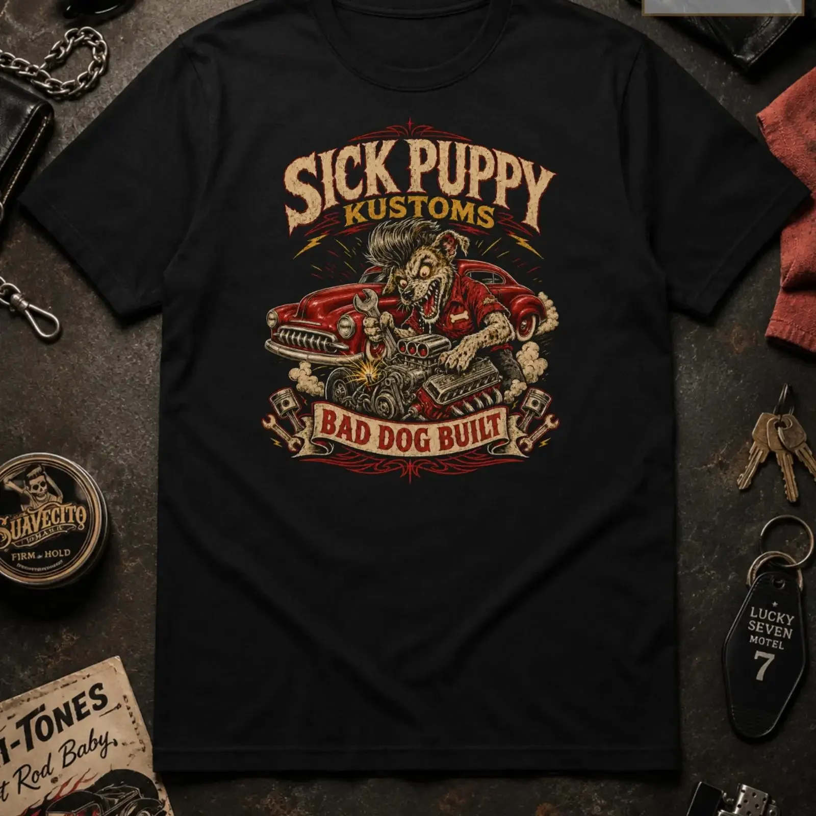 Sick Puppy Kustoms T Shirt Hot Rod Mechanic Dog Lowbrow Psychobilly XS 5XL vintage Washed homme streetwear