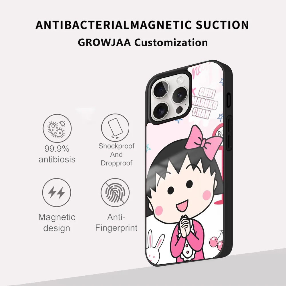 Cherry Cute M-Maruko chan Anime Phone Case For iPhone 15 14 13 12 11 Pro Max Plus Mini Mirror Magnetic Cover Funda Magsafe Case