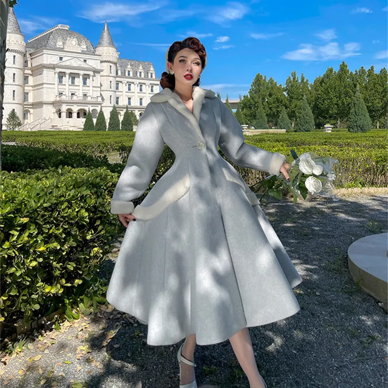 winter women vintage 50s wool long swing coat in gray batwing sleeve  abrigo invierno mujer manteaux en laine et mélanges