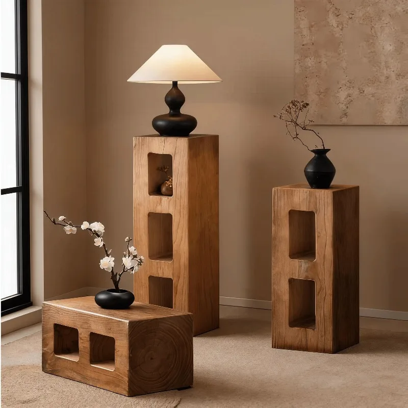Retro wabi silent wind solid wood pier, wooden pile flower stand clothing store homestay decoration, log base porch home