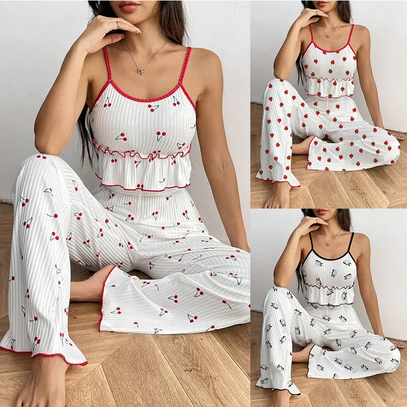 

Sexy Butterfly Cherry Print Two-Piece Sleepwear Set Women's Home Clothes Comfortable Midweight Velvet No- Sleeve Long Pants